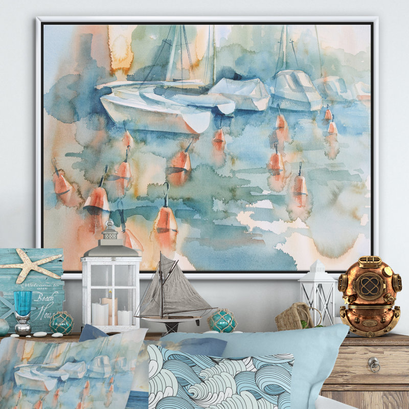 Bateaux et bouées dans le port - reproduction d'art sur toile, H 24 po x l 32 po x P 1 po, Toile blanche encadrée