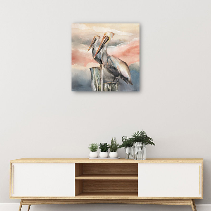 Pelicans at Dusk Large Gray and Pink Canvas Art Print