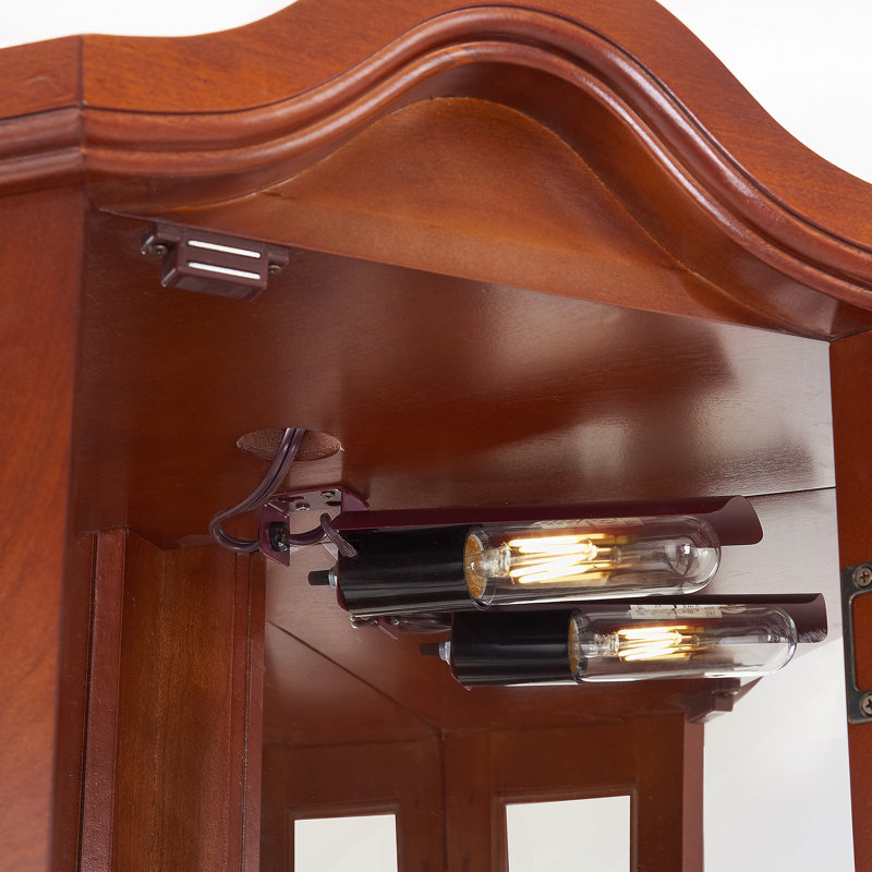 Corner Curio Cabinet With Lights, Tempered Glass Shelves, A Mirrored Back, And A Display Cabinet