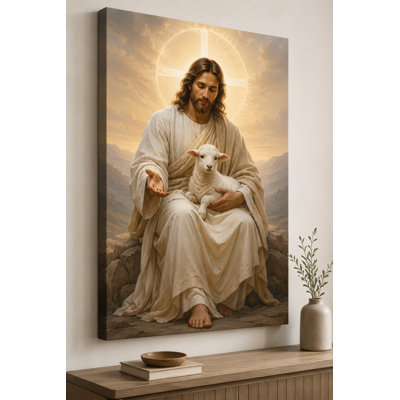 Grand Jésus avec agneau, impression sur toile murale 24 x 36 pouces, croyance chrétienne pacifique pour salon, chambre à coucher, décoration spirituelle - prêt à être accroché