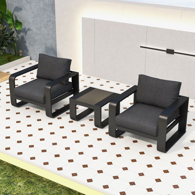 Obinna 3-Piece Outdoor Conversation Set with Removable Cushions and Tempered Glass Coffee Table