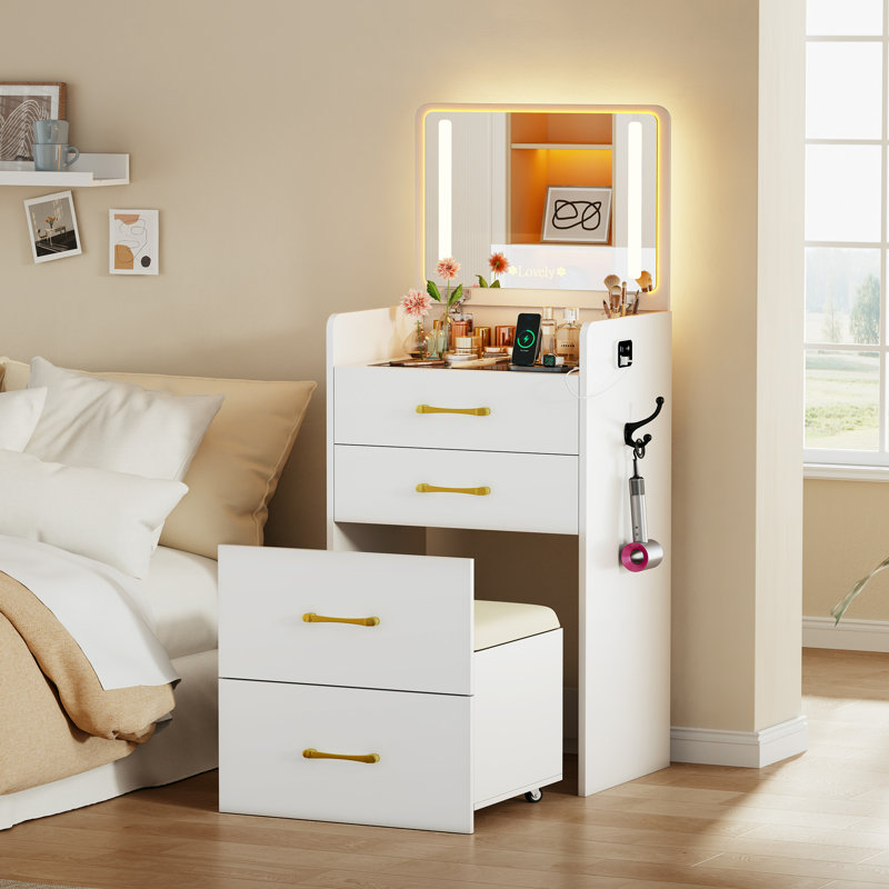 Meuble-lavabo compact 3-en-1 avec miroir, tiroirs de rangement et tabouret - Petite coiffeuse avec lumières pour chambre à coucher ou dortoir