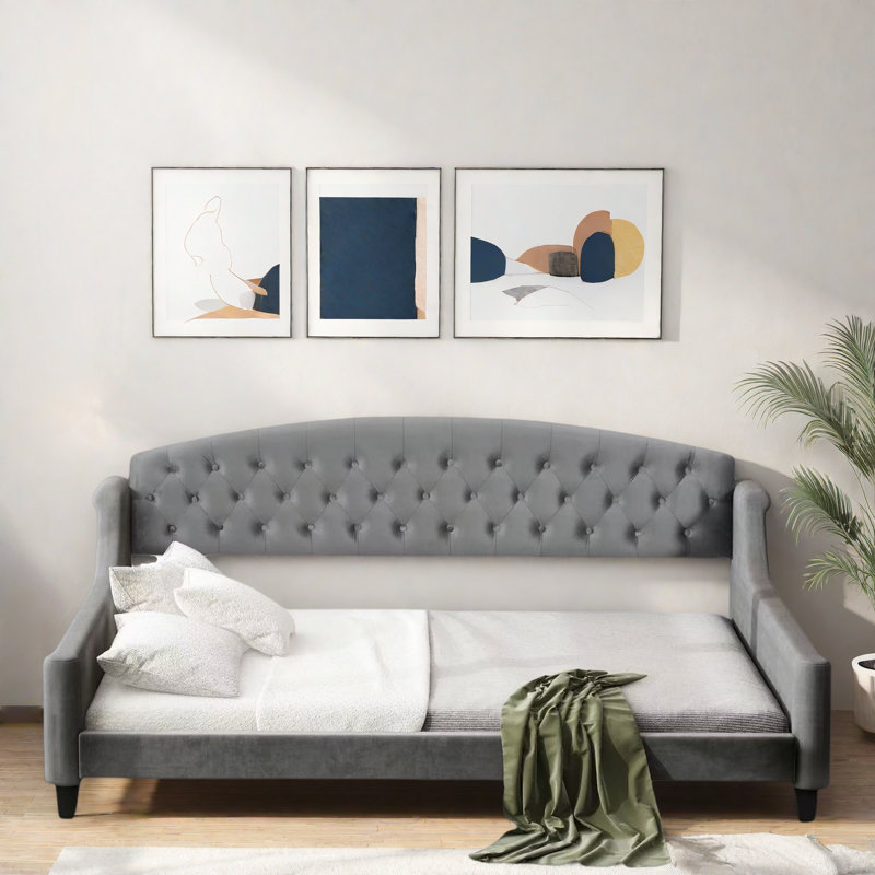 Modern Daybed With Tufted Button And Solid Legs, Grey