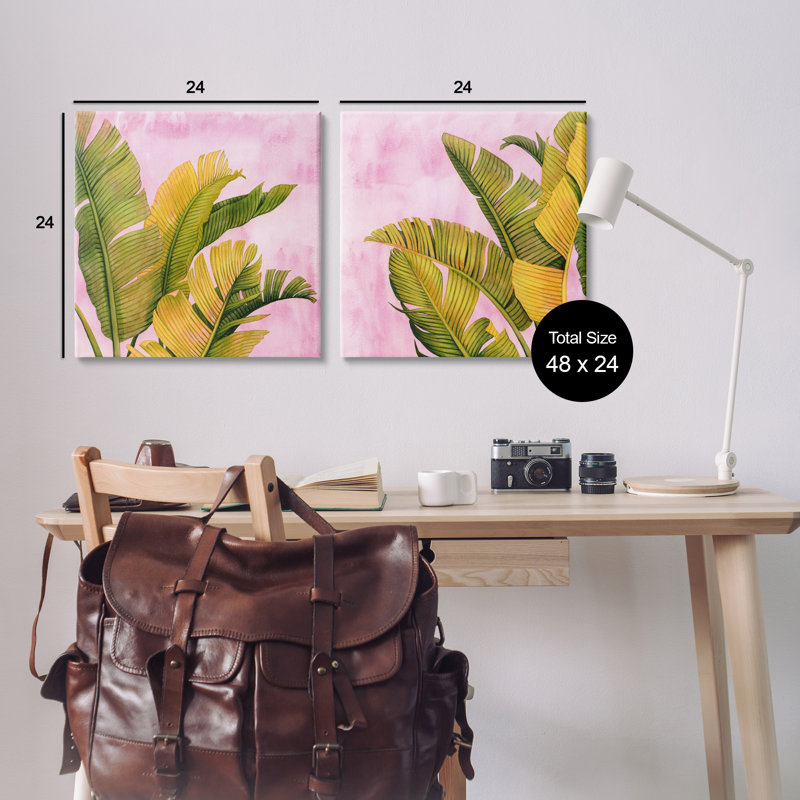 «Pink & Palms Leaves», ensemble d'art mural sur toile 2 pièces, design par Grace Popp, H 24 po x l 48 po
