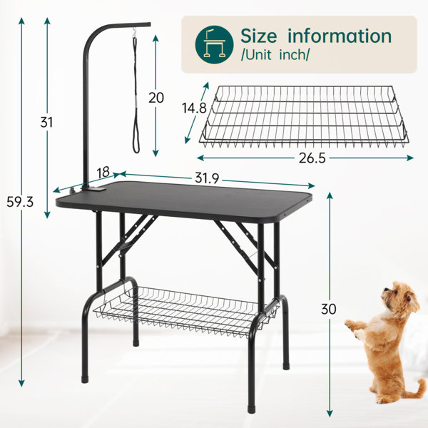 Pet Grooming Table, Foldable 30 Inch Rubber Mat Pet Table with Arm, Black 