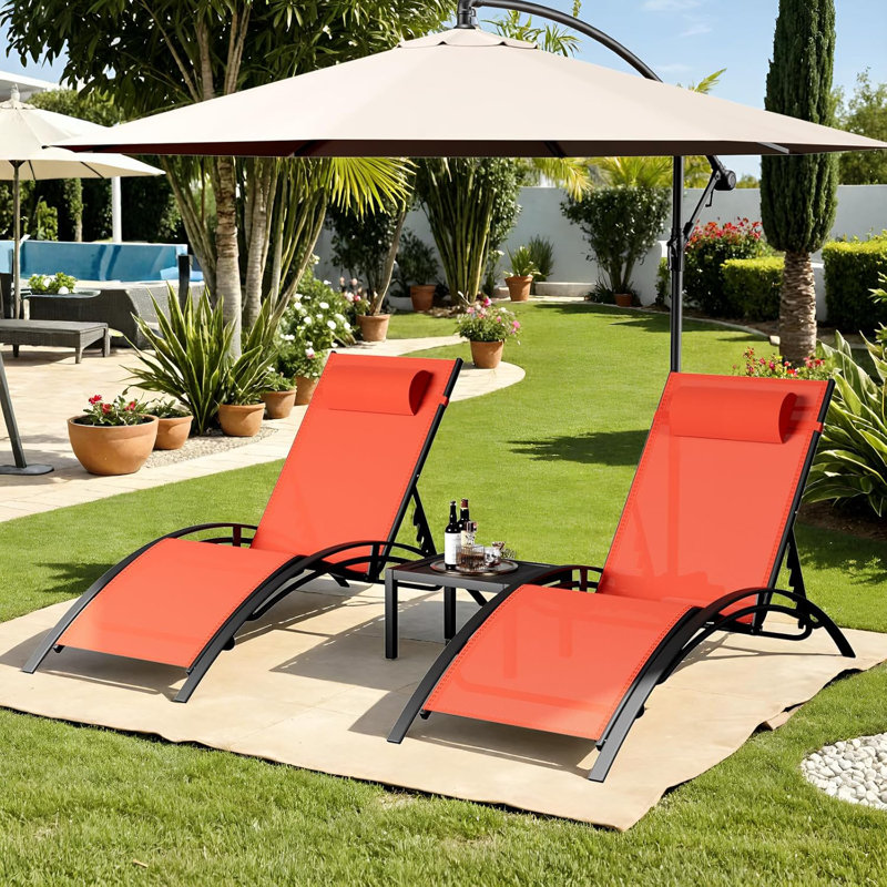 60'' Long Reclining Chaise Lounge Set with Cushions and Table, Orange