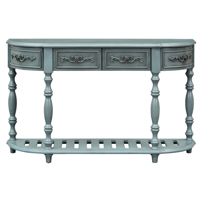 Table de salon 52 po, 4 tiroirs, 1 tablette, bleu antique et bois massif, Bleu antique