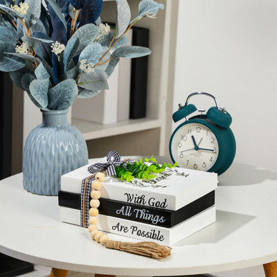 Lot de 3 livres décoratifs pour la décoration intérieure, faux livres empilés style ferme, pour table ou étagère, guirlande de perles et ruban en forme de feuilles, décoration de table rustique en bois, style rustique pour la maison