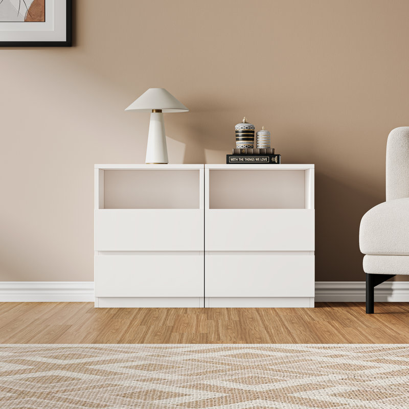 19.7"w White Nightstand With Storage, Wood Bedside Table With 2 Drawers And Open Shelf , Modern Small Dresser End Table For Bedroom And Living Room, Pack Of Two
