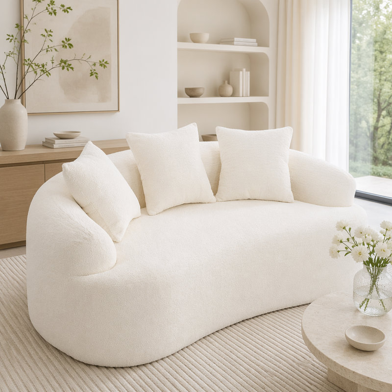 Causeuse incurvée Boneless: emballage compressé, tissu chenille, éponge 30D, sans assemblage, Blanc
