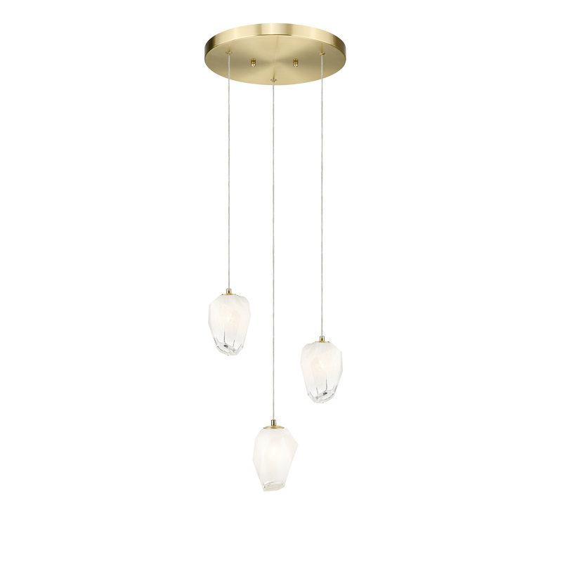 Lustre 3 lumières doré avec abat-jour en verre blanc, Or