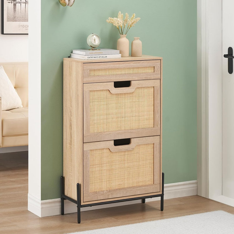 Rattan Shoe Cabinet with 3 Drawer & Flip Doors, 3-Tier Slim Farmhouse Shoe Storage with Adjustable Shelves, 2, Natural