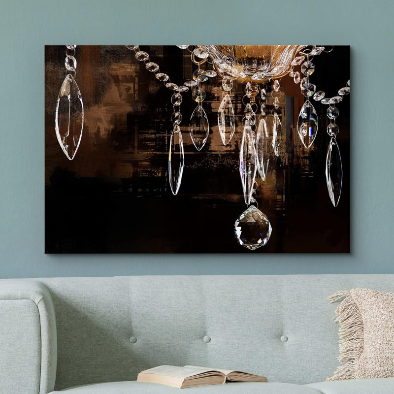 Lustre en cristal sur fond brun foncé, Toile tendue, H 32 po x l 48 po x P 1,5 po