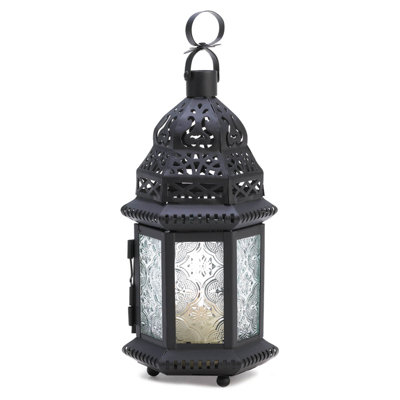 Clear Glass Moroccan Lantern | Black Iron Candle Lamp Set