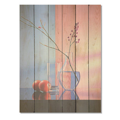 Vase bleu et magenta nature morte - panneau de fleurs en bois sur bois de pin naturel