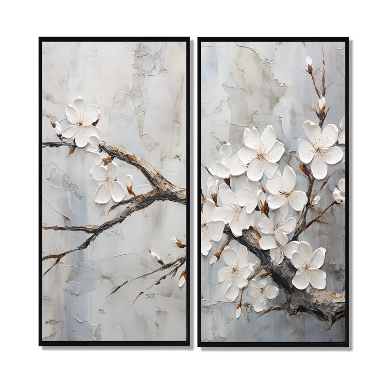 Fleur de cerisier blanc et gris minimaliste, 32" H x 32" W, Impression encadrée flottante, Black