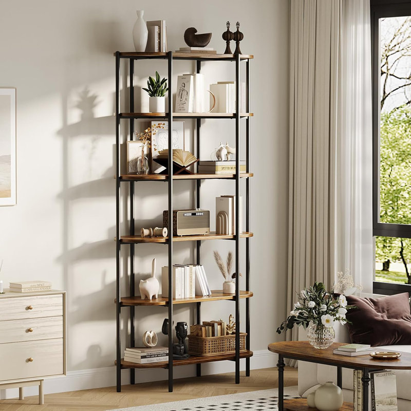 6-Tier Industrial Bookshelf, 71" Tall Oval Vintage Bookcase, Metal Frame Display Storage Shelf for Living Room