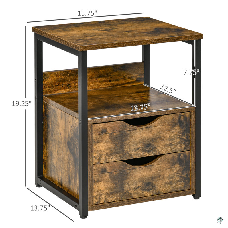 Industrial Side Table With 2 Drawers, Storage Shelf, Accent Sofa Table With Groove Handle And Frame