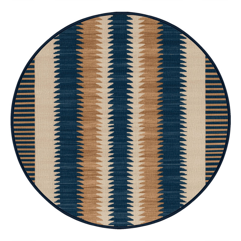Washable Maritime Blue Ivory Striped Area Rug, Round 4'