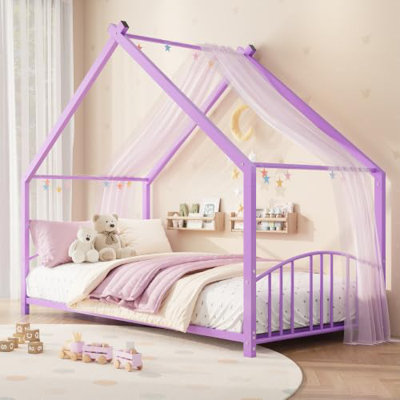 Cadre de lit Montessori pour lit simple, en forme de maison et avec barrières de sécurité, violet