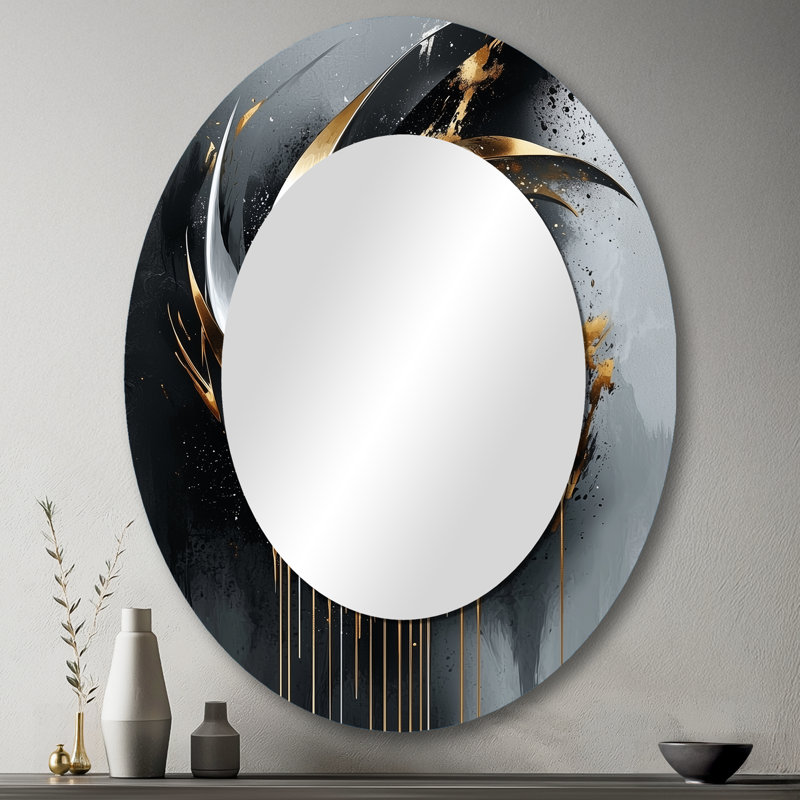Black And Gold Abstract Shapes And Lines I - Modern Oval Wall Mirror, 43" x 33"