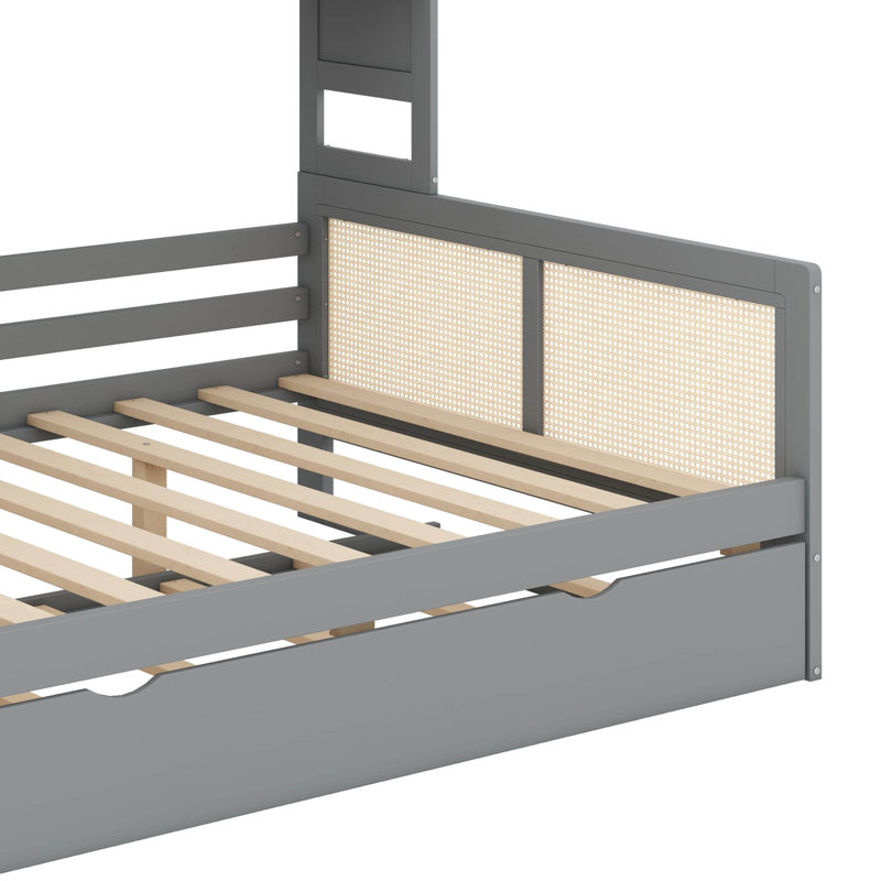 Lit de jour en bois peu encombrant, avec lit gigogne escamotable et compartiments de rangement modulaires, Gris
