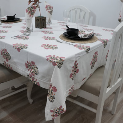 Red Barrel Studio® Premium Hand Block Print Cotton Pink Floral Table Cover for Dining - Swadesh