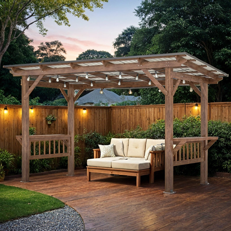 Pavillon de jardin 13 'x 6,5' avec toit en métal, ampoules et comptoirs de bar, conception de pergola en bois