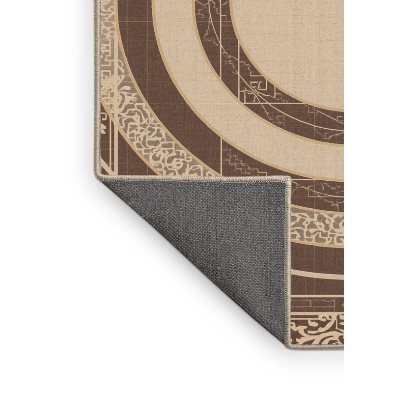 Tapis oriental brun doux et moelleux à motif de cercles Trigonometric Classic, 7 x 9