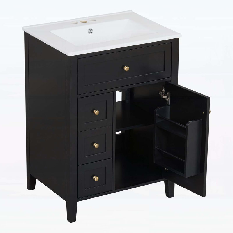 24 Inch Bathroom Vanity with Sink,3 Drawers, Black