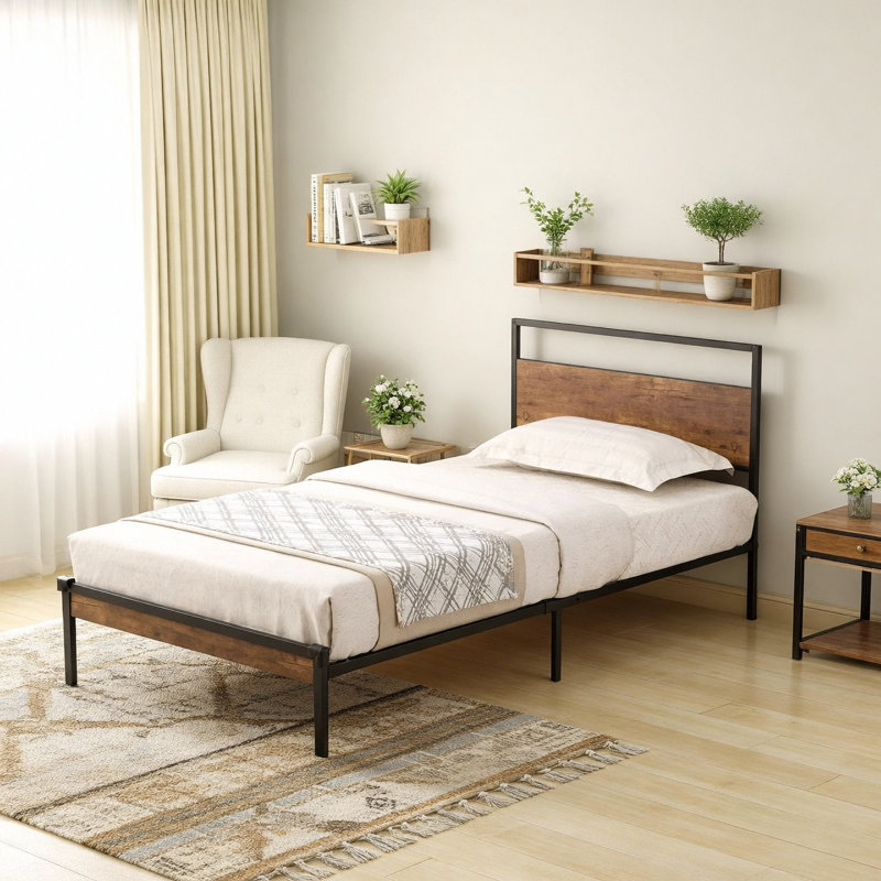 Structure de lit plateforme simple en métal avec tête de lit et pied de lit en bois avec doublure USB, lumières DEL, pas de sommier, grand rangement sous le lit, assemblage facile