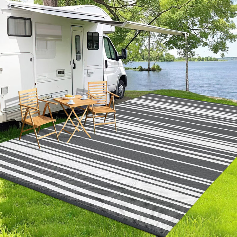 Waterproof Outdoor Rug Reversible Plastic Straw Rug, Modern Striped Outside Mat, UV-Resistant Camping Rug, Outdoor Carpet for Porch, Deck