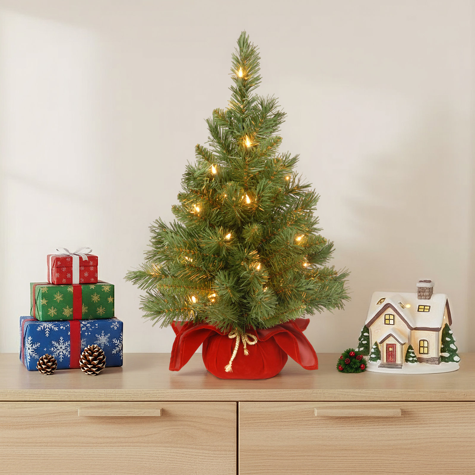 2' Majestic Fir Christmas Tree with 35 Clear Lights, Burgundy