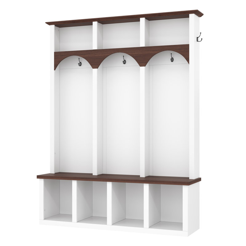 Farmhouse Style Hall Tree with Arched Design, Practical Entryway Storage Bench with 5 Black Hooks, Minimalist 4-in-1 Hallway Shoe Cabinet with 7 Cubbies