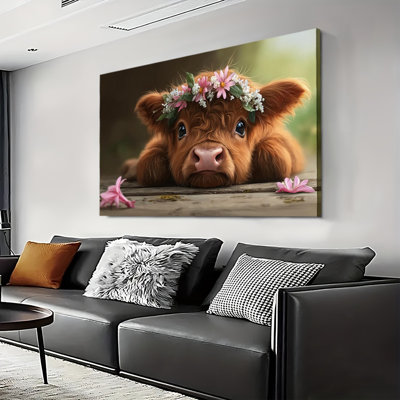 Fluffy Highland Cow Farm Scene, Large Gallery Wrapped Canvas Wall Art Print for Living Room & Bedroom