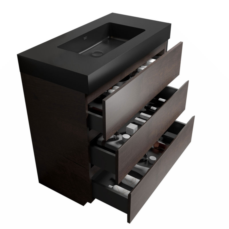 Ensemble de meuble-lavabo simple 35,8 po avec plateau en mélamine Cornellien, Noir / noyer