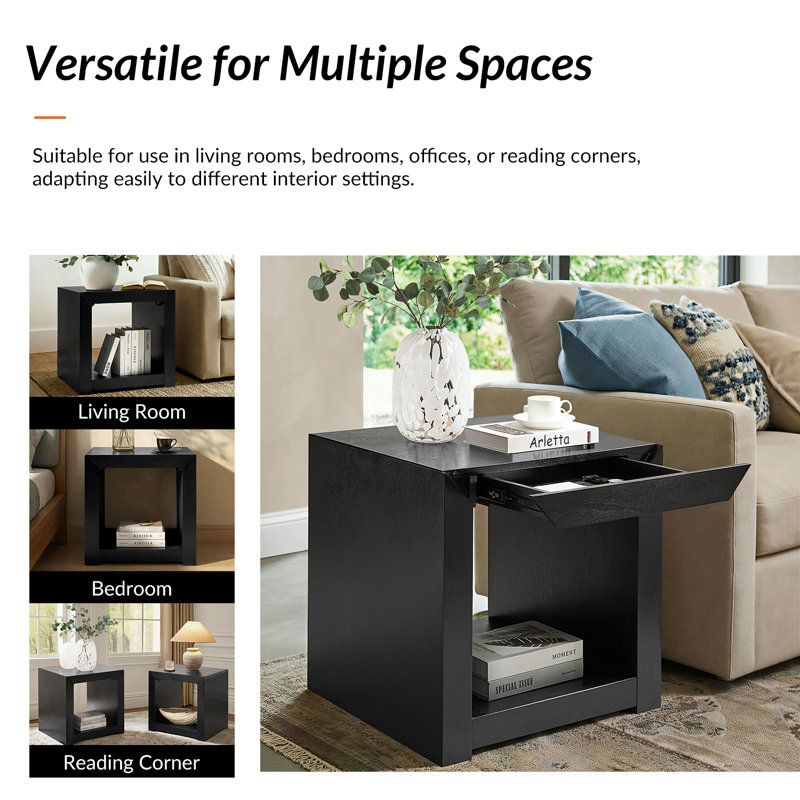 Casella 24"W Modern Wood End Table with 1 Hidden Drawer, Black