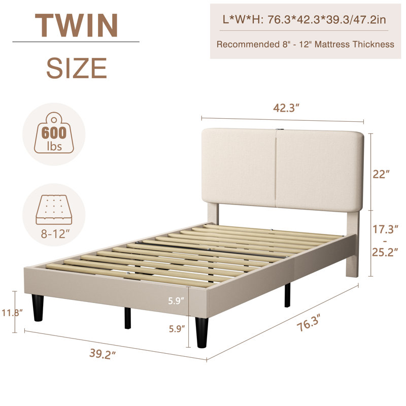 Upholstered Bed with Charging Station Twin Size Wood Slat Platform Bed Frame Modern USB Port Adjustable Headboard, No Box Spring Needed, Beige