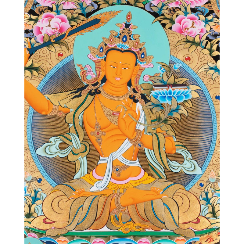 Manjushree avec cinq Bouddha (Brocadeless Thangka)