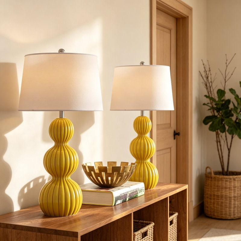 Ensemble de 2 lampes de table modernes en céramique jaune de 70,5 cm de hauteur, lampes de chevet en forme de gourde triple avec interrupteur à 3 positions pour chambre et salon.