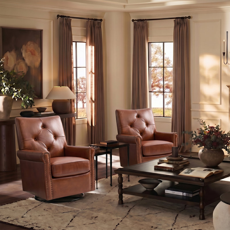 Stratton 31"W Transitional Genuine Leather Swivel Rocker Chair with Tufted Back and Nailhead Trim, Saddle
