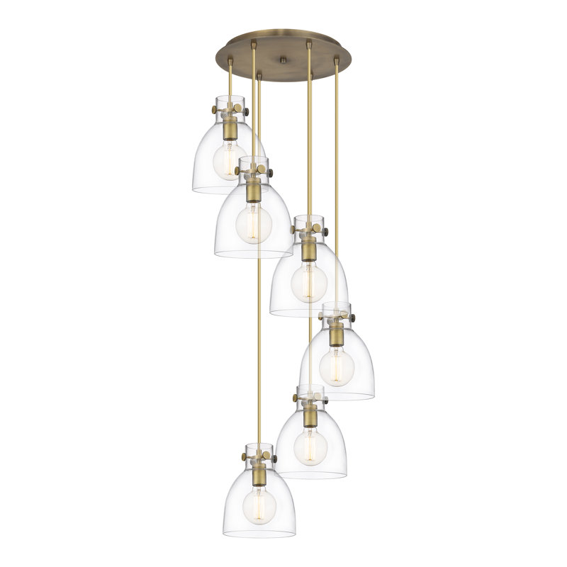 Luminaire suspendu 6 lumières Amrith, Laiton brossé, Transparent