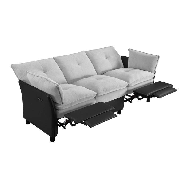 77" Wide 3 Seater Modern Soft Upholstered Power Reclining Sofa with USB for Living Room, Black+Grey Chenille