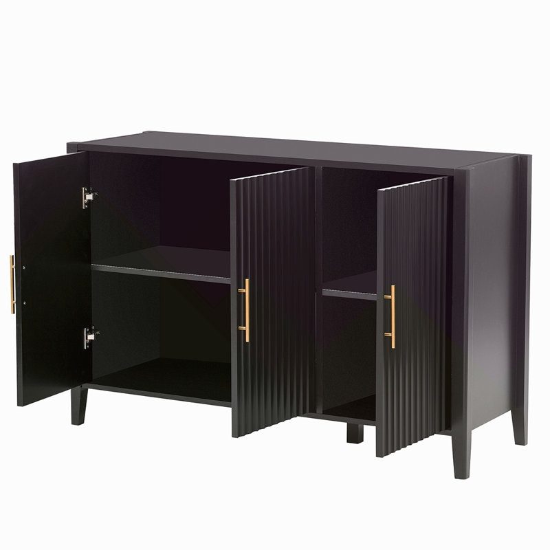 Buffet ondulé à 3 portes avec pieds en pin massif, armoire de rangement à finition peinte de style américain pour le salon, le vestibule, la cuisine et le bureau personnel.