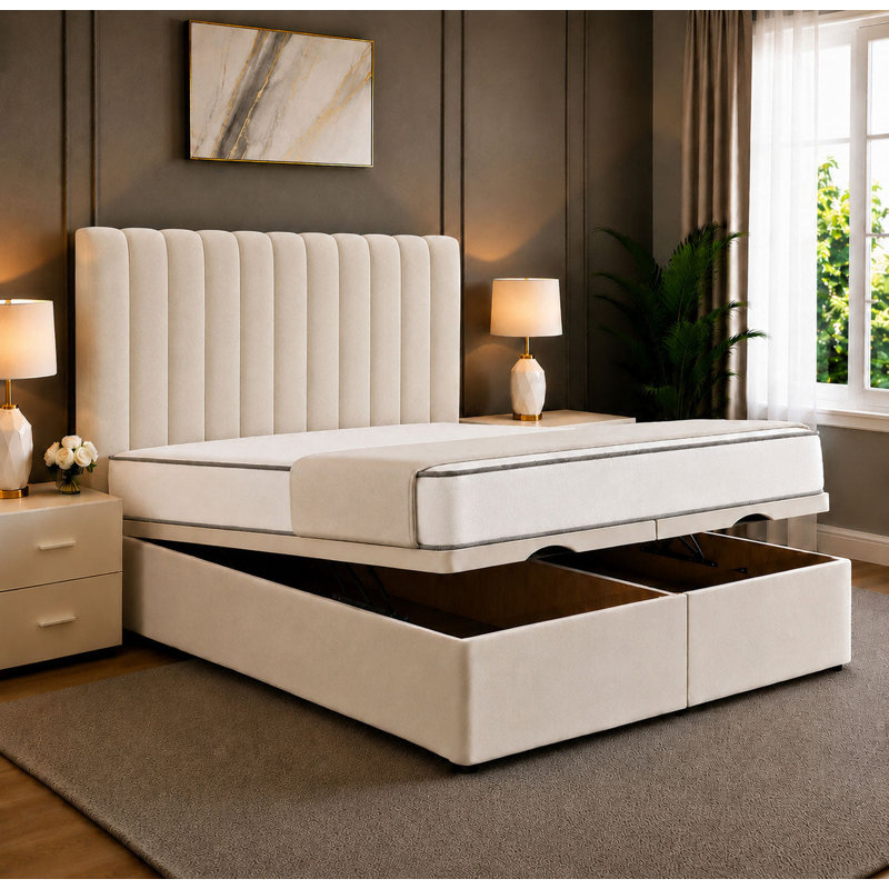 Safar Divan Ottoman Storage Bed Frame with Floor Standing Striped Headboard & End Lift Storage, 4FT6 Double Bed