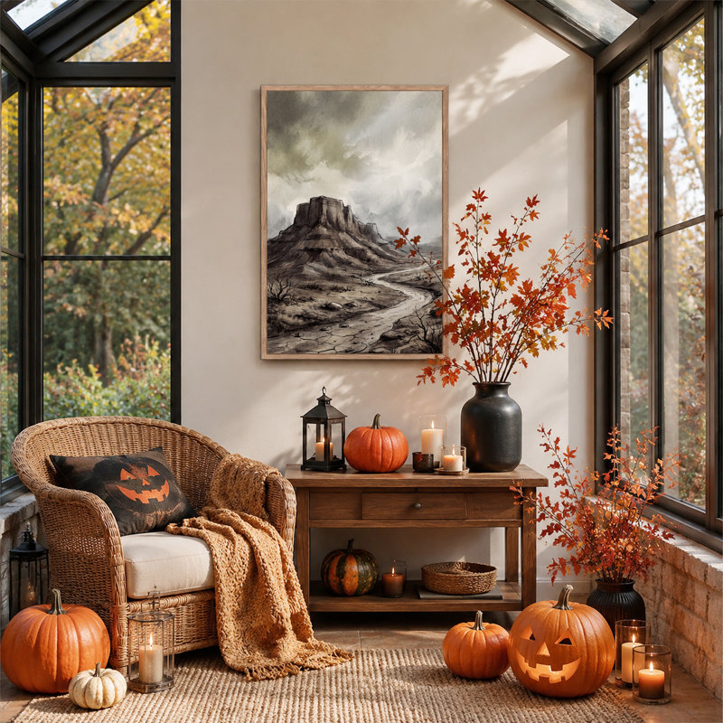 Paysage Sepia Mesa avec ciel nuageux - Toile murale d'Halloween, 48"H x 36"W