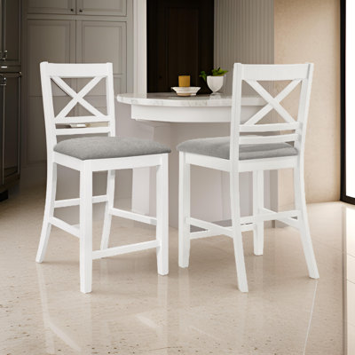 Hoa Counter Height Dining Chair Set Of 2, X Back, Gray Fabric, White Wood -  Benjara, BM319022