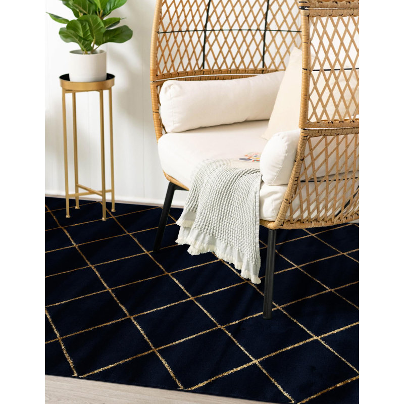 Tapis contemporain bleu marine et doré Etowah, Rectangle 2 pi x 3 pi 1 po