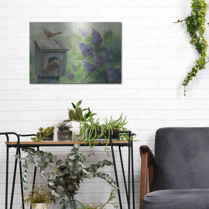 «Wrens & Lilacs» par Pam Britton, art mural en métal, H 12 po x l 16 po