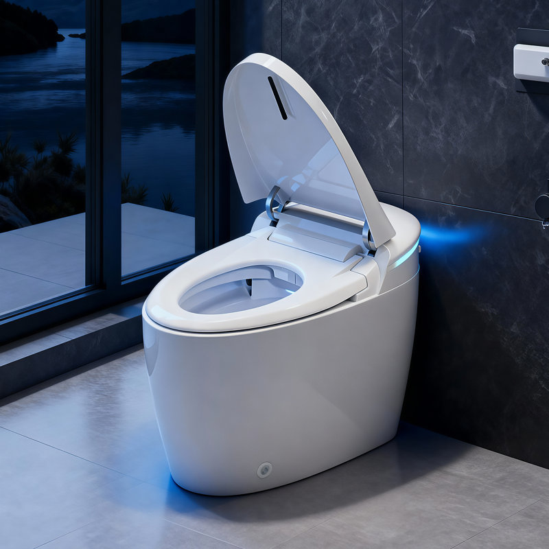 Toilette intelligente avec couvercle automatique, stérilisation UV, chasse d'eau avec capteur de pied, siège et bidet chauffants, température et pression d'eau réglables, séchage à l'air chaud, veilleuse, buse autonettoyante, idéale pour la maison et la salle de bain